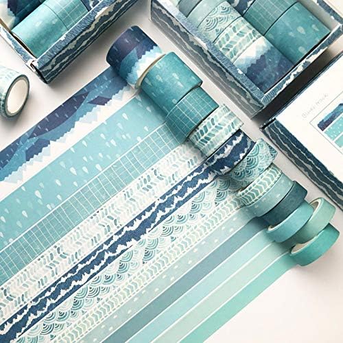 CooBigo Washi Tape Set, 12 Rolls 4 Size Decorative Masking Washi Tapes for Craft, Scrapbook, DIY, Planners, Gift Wrapping (Blue Track)
