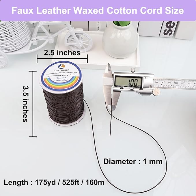 LUSTEMBER 1mm Faux Leather Waxed Cotton Cord, 175 Yards – Durable Necklace String, Soft and Textured Cord for Necklaces, Bracelets, and Jewelry Making