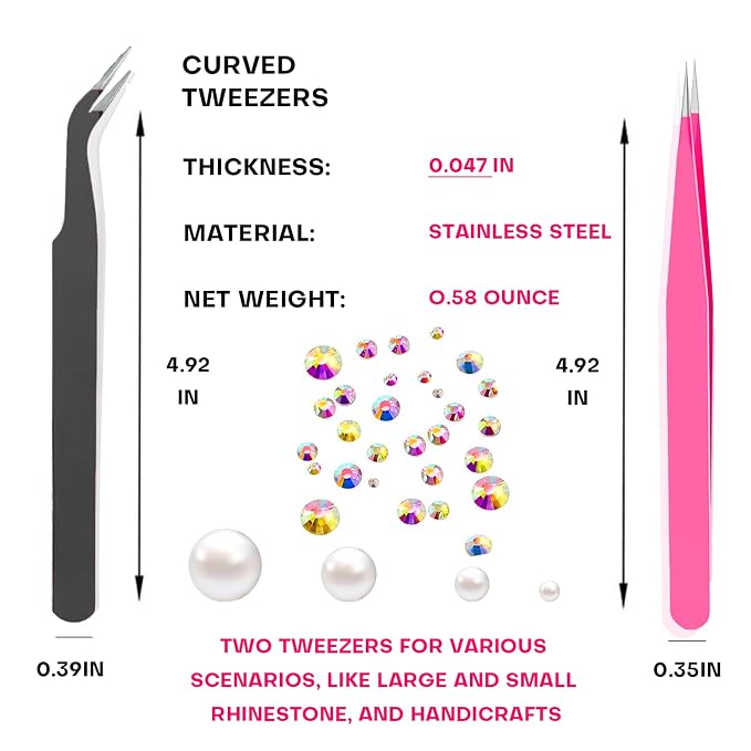 14 Pcs Rhinestone Picker Tool - 3 Pcs Dual-head Pens with 6 Wax Tips, Useful Clay, Precision Curved and Straight Tweezers Kit for Picking Up Nail Art Gems, Stones, Crystals, and Nail Charms