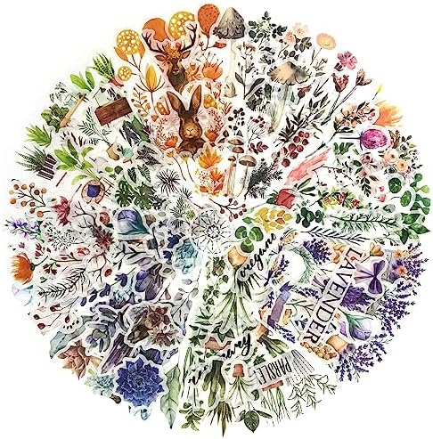 Yoksas 320 Pcs Watercolor Washi Stickers - Forest, Flower, Plant Aesthetic Stickers for Scrapbooking, Bullet Journal, Planners, Calendars
