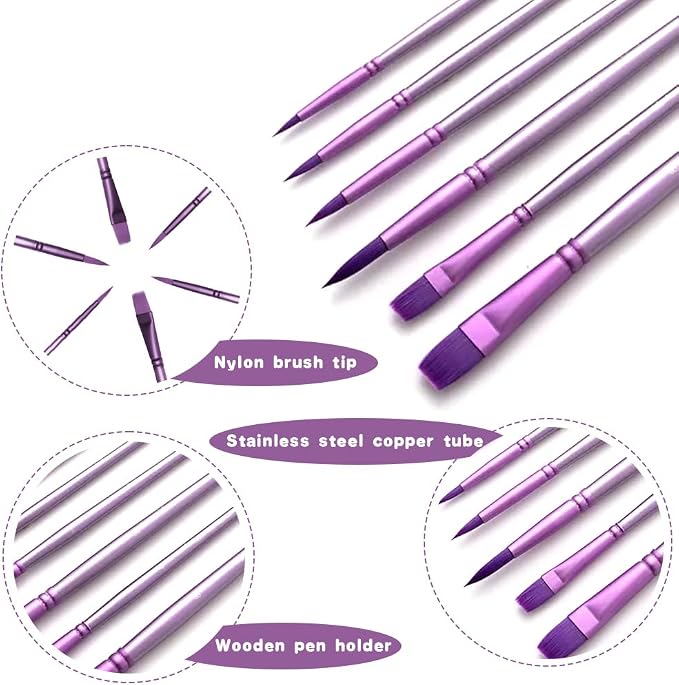 Acrylic Paint Brush Set, 6 pcs Watercolor Brushes, Painting Brush Nylon Hair Brushes for All Purpose Oil Watercolor Painting Beginner Kits (6, Purple)