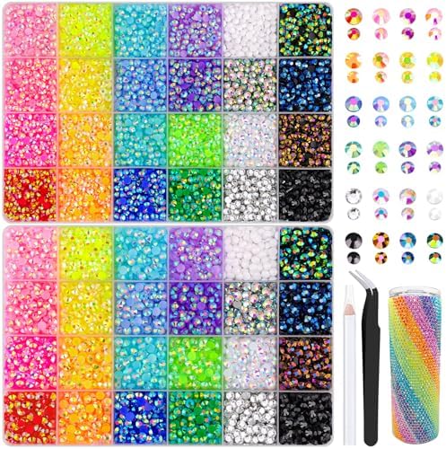 2 Boxes 4mm+5mm Jelly Rhinestones for Bedazzling, 15000Pcs Multicolor Flatback Resin Gems for Crafting, Bedazzler Kit with Tweezer for DIY Crafts Book Fabric Decor Nail Art