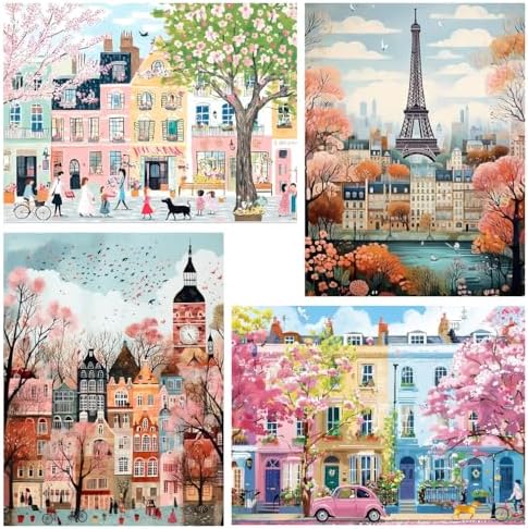 Clendo 4 Packs City Scene Paint by Numbers Kits for Adults, DIY Paris Street Adult Paint by Number Kits on Canvas, Easy Acrylic Painting Kits for Home Decor 12x16 Inch(Without Frame)