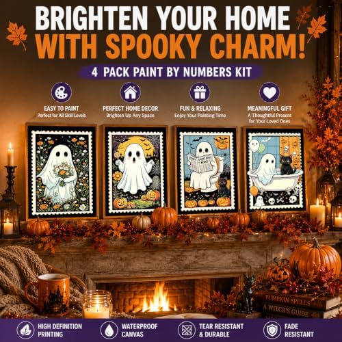 4 Pack Halloween Paint by Numbers Kit for Kids with Frame Easel 8x12 inch