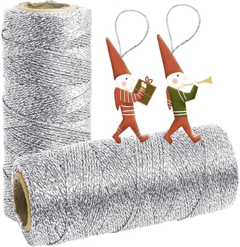 Silver String Silver Twine 658 Feet 1.5mm Silver String for Ornaments Christmas String Twine for Gift Wrapping Inelastic Glitter Silver Cording for Crafts Gold Thread Wedding DIY Decoration