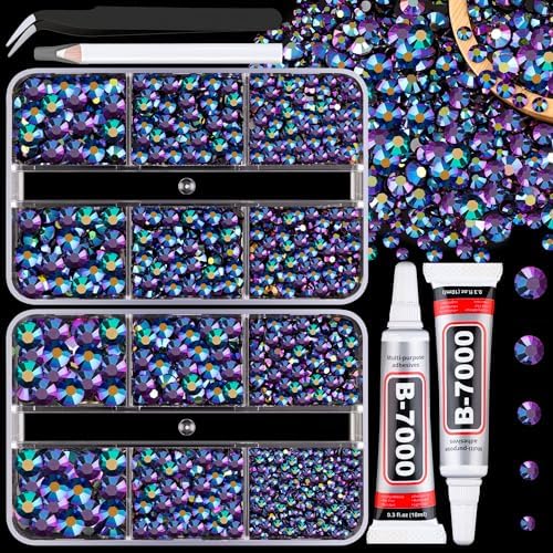 Resin Jelly Rhinestones for Crafting with B7000 Jewelry Glue, 2 Boxes Purplish Black AB Flatback Crystals with 2Pcs 10ml Glue, Bedazzling Non Hotfix Gems for DIY Tumblers Clothing Shoes Manicure