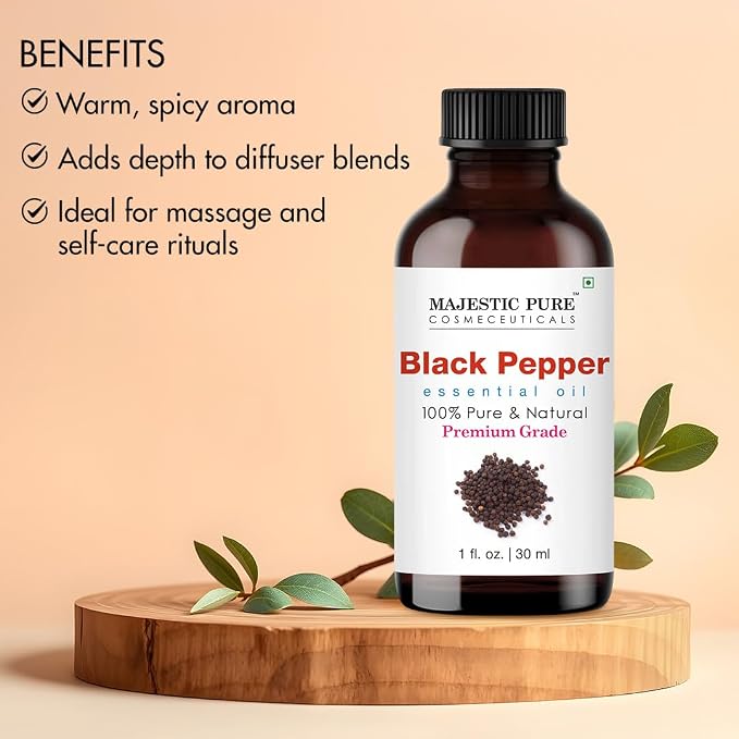 Majestic Pure Black Pepper Essential Oil for Diffuser - 1 Fl Oz | 100% Natural Essentials Oils for Aromatherapy, Massage, Steam inhalation, Air Freshing, Soap and Candle Making