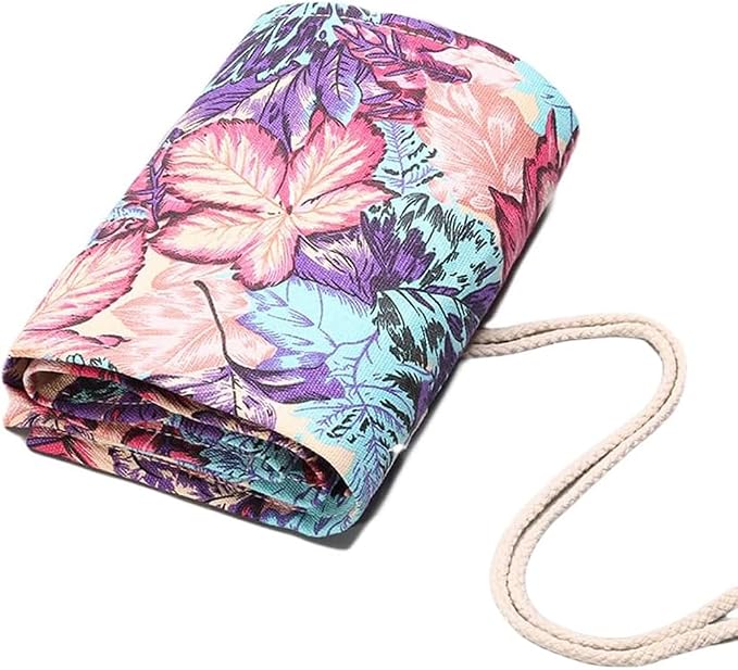 DIYOMR 12/24/36/72 Slots Pencil Wrap Pencil Rolls, Artist Colored Pencils Roll Up Bag Short Brushes Pouch Case Pencils Organizer for Drawing Coloring and Sketching, No Pencils (Maple Leaves, 12slots)