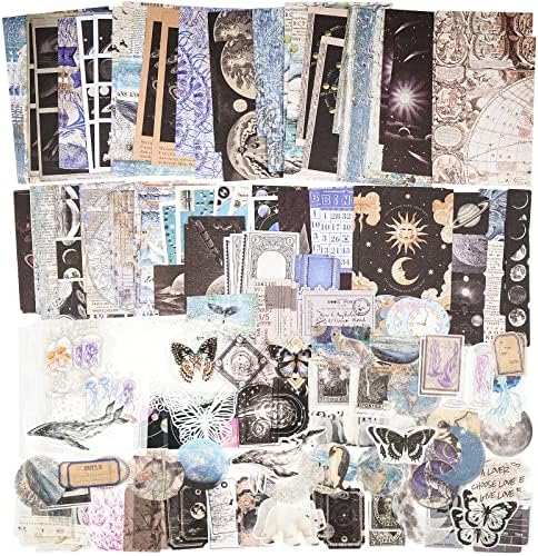 Knaid 200 Piece Vintage Ephemera Bundle - Paper & Sticker Kit for Junk Journaling, Scrapbooking, Planners, Bullet Journals, Collage, Decoupage - Black/Blue Tones