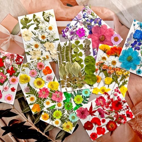MIKIYA 182Pcs Dried Pressed Flowers for Resin Molds, Assorted Real Natural Bulk Dry Floral Leaves for DIY Art Crafts, Epoxy Jewelry, Candle, Soap Making, Nails Decors Gifts