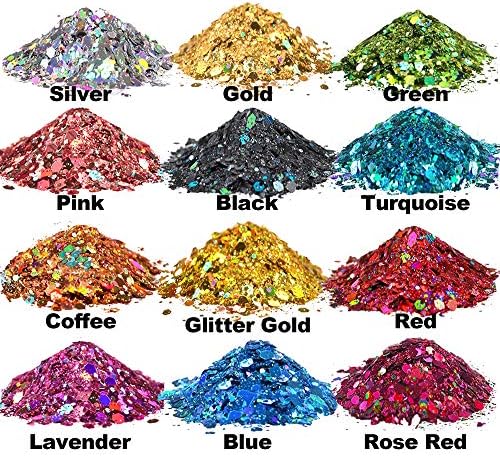 HEMOER Holographic Chunky Glitter, 12 Colors Sparkle Sequins, Mix Exclusive Polyester Glitter Set for Epoxy Resin, Tumblers,Crafts, Makeup, Festival Party Decoration - 0.42oz Each Bottle