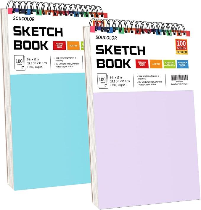 Soucolor 9x12 Sketch Book 2-Pack, 100 Sheets, Acid-Free, Spiral Bound | 68lb acid-free paper, micro-perforated pages, lay-flat spiral binding, great for kids, students& artists. Blue& purple 2-pack
