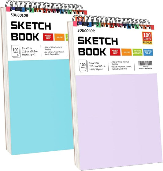 Soucolor 9x12 Sketch Book 2-Pack, 100 Sheets, Acid-Free, Spiral Bound | 68lb acid-free paper, micro-perforated pages, lay-flat spiral binding, great for kids, students& artists. Blue& purple 2-pack