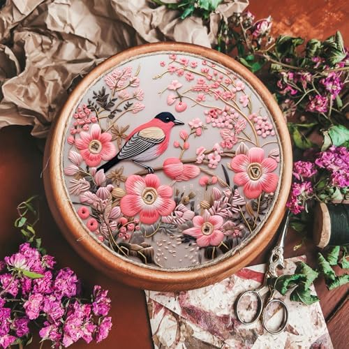 FONNUY Embroidery Kit for Beginners, Hummingbird Flowers Pre-Stamped Pattern Kits for Adults with Hoop, Easy to Follow Color Thread Needlework, 8''Hoop (Pink)