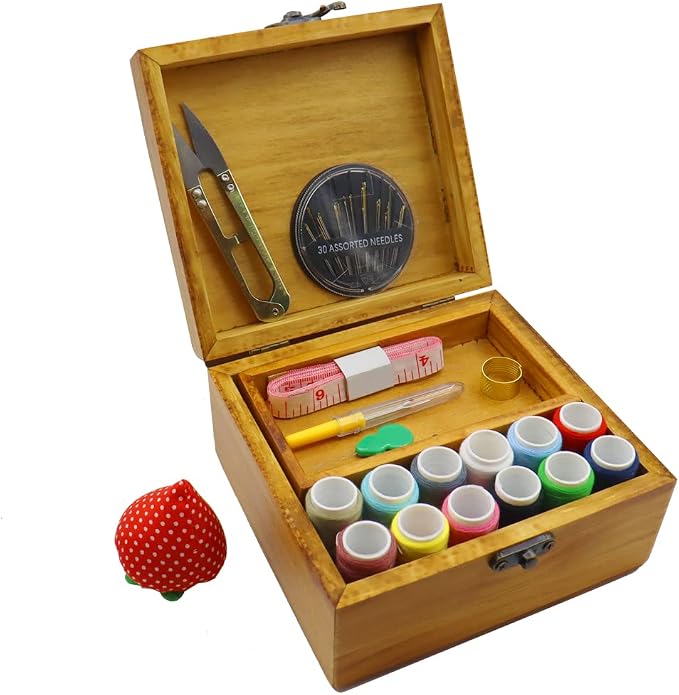 Flytreal Sewing Kit Small Box Basket, Wooden Hand Home Sewing Repair Tool Kit, Beginner Universal Sew Kit Accessories for Women, Men, Adults, Girls, Kids