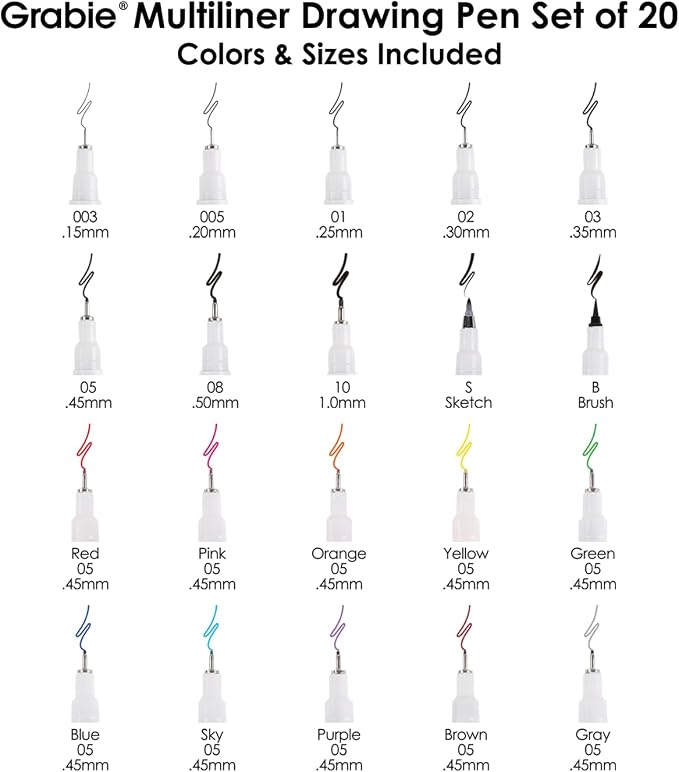 Grabie Micro Fineliner Pens, Set of 20 Multicolor Waterproof Drawing Pens | Waterproof Pigment Ink, Assorted Tip Sizes, Precision Fine Lines, Metal-Clad Nibs, Smooth Ink Flow, Smudge Resistant