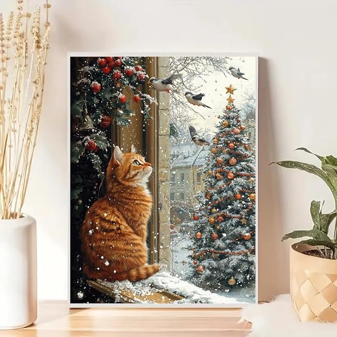 Cat Paint by Numbers Kit for Adults,Winter Painting by Numbers,DIY Acrylic Paint Kit for Adults Beginners Without Frame,Easy Christmas Adult Paint by Number Kits on Canvas for Decor 16x20inch