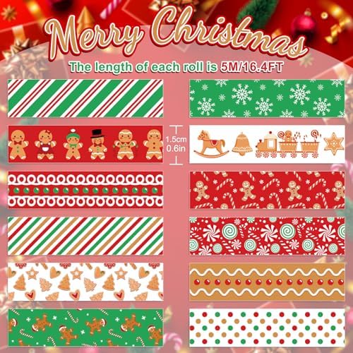 Whaline 12 Rolls Christmas Washi Tape Xmas Gingerbread Man Candy Cane Decorative Masking Tape for Christmas Scrapbook Journal DIY Art Craft Gift Wrapping