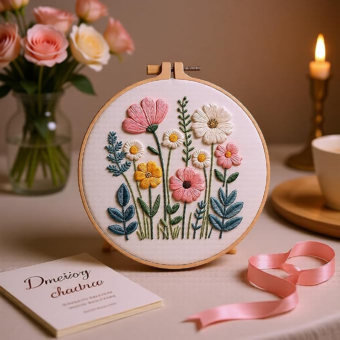 Embroidery Kit for Beginners & Adults Starter Kit, Cross Stitch Kits,DIY Hand Embroidery Needlepoint Set with Hoop, Pre-Printed Fabric, Threads and Instructions (Flower)