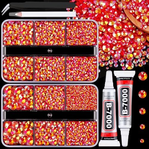 Resin Jelly Rhinestones for Crafting with B7000 Jewelry Glue, 2 Boxes Red AB Flatback Crystals with 2Pcs 10ml Glue, Bedazzling Non Hotfix Gems for DIY Tumblers Clothing Shoes Manicure
