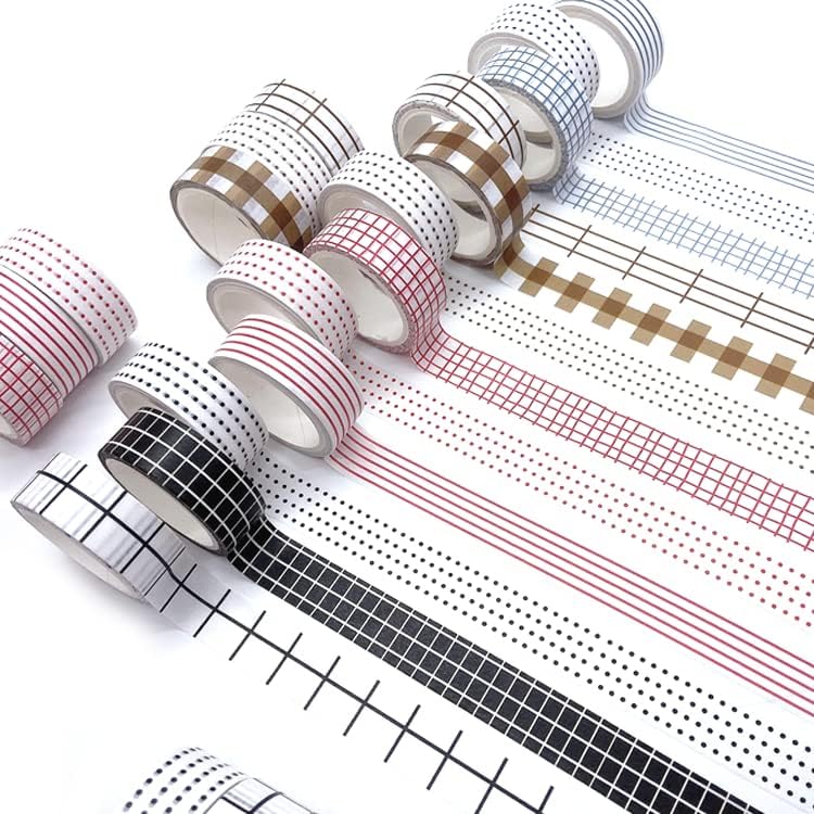 Basic Washi Tape Set 12 Rolls Dot & Grid Decorative Tapes for Journals, Planners, Scrapbooking, Gift Wrapping, DIY Crafts