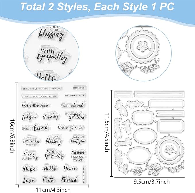Sentiments Clear Stamps and Metal Cutting Dies for Card Making Greeting Words Silicone Stamp and Die Cuts Set Blessing Words Transparent Stamps for DIY Scrapbooking Paper Craft Supplies