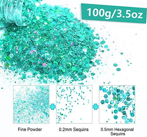 HEMOER Turquoise Glitter, 100g/3.5oz Holographic Chunky Glitter Mixed Hexagon Chunky & Fine Flakes Cosmetic Iridescent Sequins for Epoxy Crafts, Resin, Nail Body, Tumblers, Party Decoration