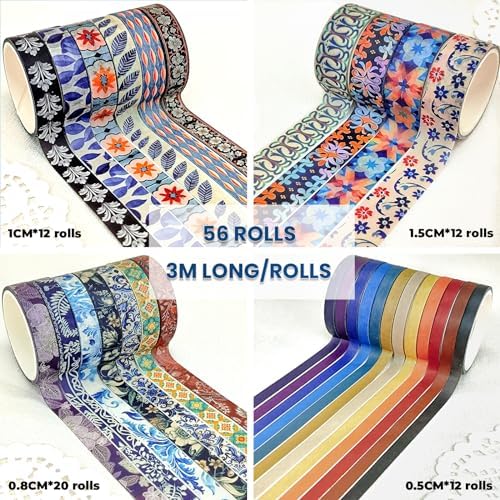 NANYNNU Floral Washi Tape Set, 56 Rolls 4 Size Flower Colored Decorative Blooms Masking Tapes for Scrapbooking, DIY Crafts, Bullet Journal Supplies, Planner, Junk Journal (Symmetry Aesthetics)