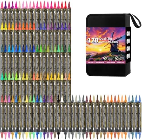 120 Colors Dual Tip Acrylic Paint Markers, Fine & Brush for Rock Wood Glass