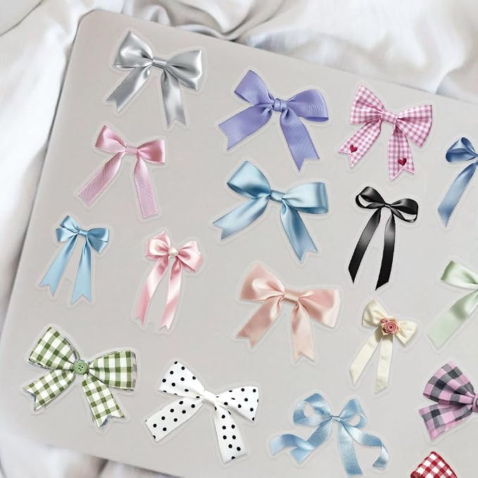 50pcs Transparent Colorful Bow Sticker,Vinyl Waterproof Cute Aesthetic Bows Stickers for Water Bottle Scrapbook Laptop Luggage Phone Guitar Funny Trendy Decals for Teens Girls Women Gifts(Bow)