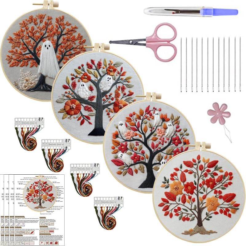 LB 4-Pack Halloween Ghost Embroidery Kit for Beginners: Orange Fall Tree Cross Stitch Kit | Adults DIY Starter Kit Includes Embroidery Hoop, Colorful Threads, Tools and Instructions