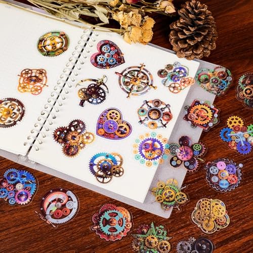 56PCS Steampunk Gear Stickers Pack – Vintage Mechanical Gears, Clockwork Designs, Transparent Vinyl Decals for Scrapbook, Journal, Laptop, Planner, DIY Craft, and Gear Art Lovers