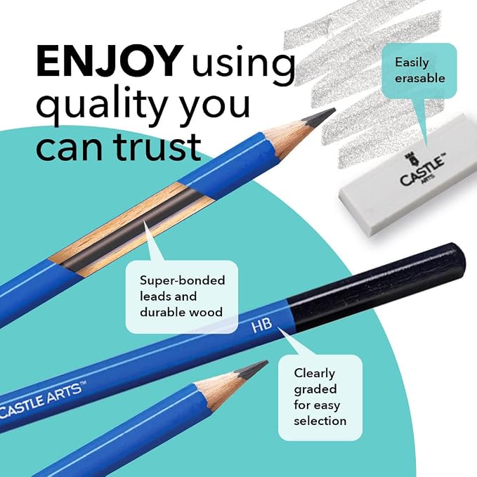 Castle Art Supplies 12 Piece Graphite Drawing Pencils Kit for Adults | For beginner to advanced adult artists - compact, sturdy, attractive metal case with tutorial included, easy to carry