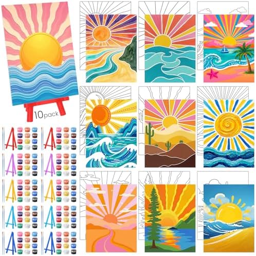 Blosssound 10 Set Pre Printed Sunrise Canvas Pre Drawn Canvas Painting with Easel Kits 5" x 7" Outline Painting Panels for Beginners, DIY Craft Project, Party Favor, Home Decors