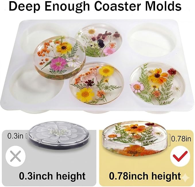 Sjubaopen Deep Round Resin Coaster Molds, 6 Cavity Thicken Round Silicone Coaster Molds for Epoxy Resin, DIY Crafts, Bouquet Preservation,Home Decoration