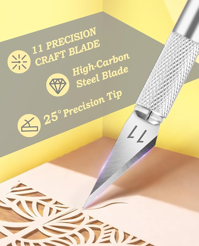 1 Pcs Craft Knife Hobby Knife with 11 Pcs Stainless Steel Blades Kit, 1pcs Steel 15MM Ruler for Art, Scrapbooking,Stencil | Precision Hobby Knife with Exacto Knife Blades, Hobby Knife Set for Art, Scrapbooking & Stencils, Silver