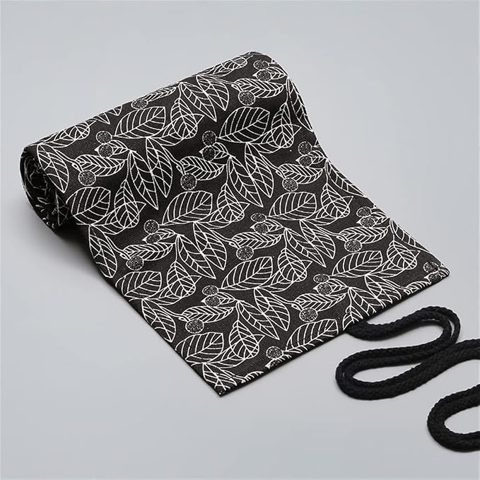 DIYOMR 24/36/72 Slots Pencil Wrap Pencil Rolls, Artist Colored Pencils Roll Up Bag Short Brushes Pouch Case Pencils Organizer for Drawing Coloring and Sketching,No Pencils (Black Leaves, 24slots)