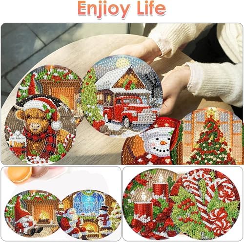 ijbnhd 8 Pack Christmas Diamond Art Coasters Kits with Holder4x4 inch