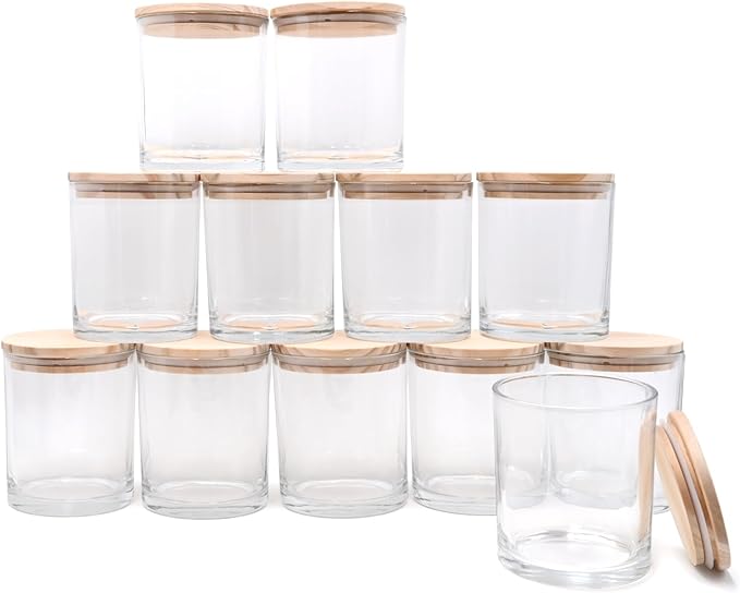 SHOWIN 14 OZ Thick Candle Jars for Making Candles 12 Pcs, 3 Wick Empty Jars with Wood Lids for Candle Making, Sample Container,Clear