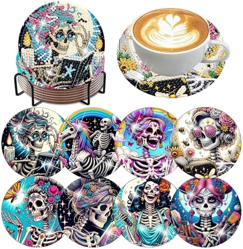 ijbnhd 8 PCS Skull Diamond Art Coasters Kit Diamond Painting Coasters