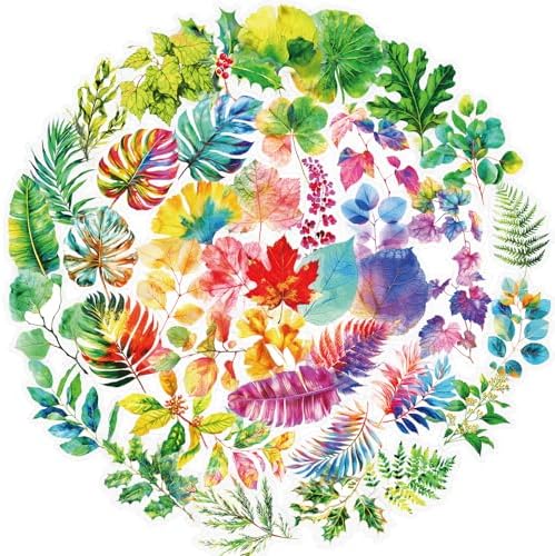 Ychsring Colorful Plant Leaf Stickers - 50 Pcs Clear PET Nature Botanical Fall Leaves Stickers for Scrapbook, Journal, Collage - Transparent Waterproof for Resin, Craft & Scrapbook Supplies