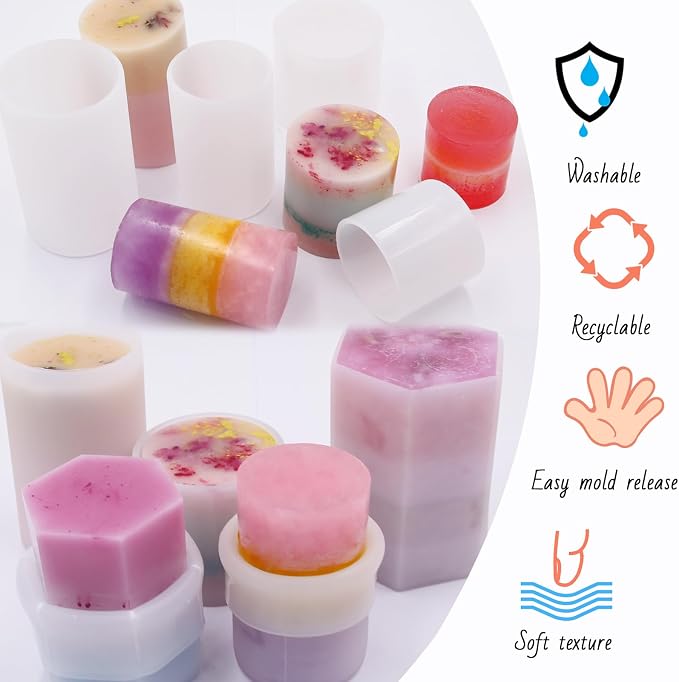 EuTengHao Cylinder & Hexagon Candle Silicone Resin Mold for Scented Candle, Soap - Reusable, Fashionable & Easy Release for DIY Crafts, Home Decoration, Holiday Gifts (6 Packs)