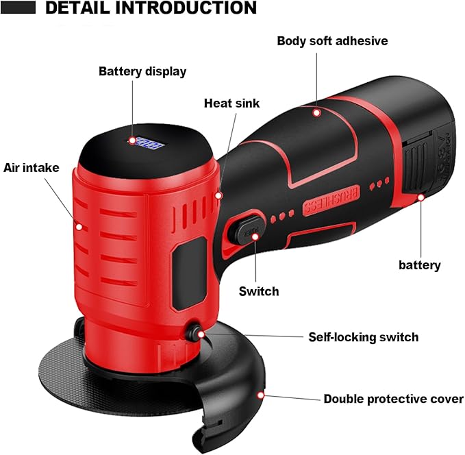 ZFULVO Cordless Angle Grinder Brushless Kit 19500rpm Cutting and Grinding | 3-Inch Mini Electric Angle Grinding Tool, 2x16.8V 2000mAh Battery & 6-Cutting Discs Grinder Handheld Cutter for Metal Wood