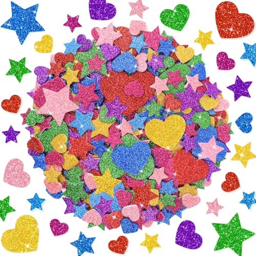 1000 PCS Glitter Foam Stickers, Foam Heart and Star Stickers, 8 Colors
