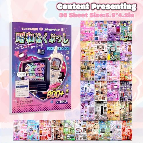 30 Sheets Japanese Sticker Book 800+ Vintage Scrapbook Journal Stickers Cute Korean Stickers for Journaling Scrapbooking Planner Kawaii Technology Sticker for Kids Adult DIY Cartoon Cosmtic Books