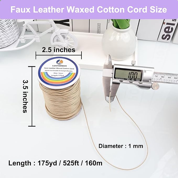 LUSTEMBER 1mm Faux Leather Waxed Cotton Cord, 175 Yards – Durable Necklace String, Soft and Textured Cord for Necklaces, Bracelets, and Jewelry Making