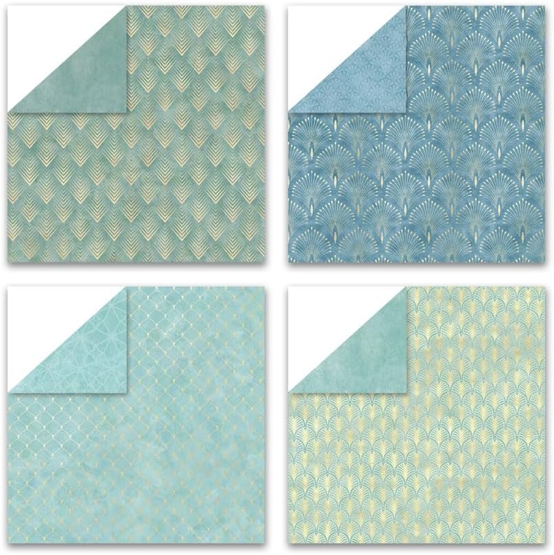Teal Color Art Deco Scrapbook Paper 24 Sheets Pattern Paper Double Sided Printing for DIY Card Making Scrapbook Wedding Photo Album Home Décor-12 x 12 Inches