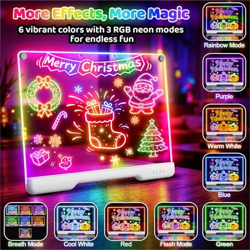 LED Drawing Board with 9 Light Effects, Rechargeable 16" Glow Doodle Note Message Board with Colors, Neon Light Up Drawing Pad Gift Ideas for Kids, Birthday, Christmas with Markers & Tracing Book