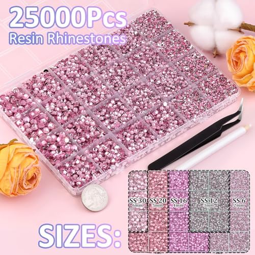 25000Pcs Resin Rhinestones with Tweezers for Crafting, Dark Pink 2-6mm Mixed Sizes Bedazzling Crystal with 3Pcs 10ml B7000 Jewelry Glue for DIY Crafts Clothing Tumblers Shoes Fabric Nail Art