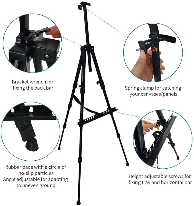 RRFTOK Art Easel Stand, 17-66 in Adjustable Metal Tripod with Bag | Dual-layer supports canvas or signs at two heights; adjusts up to 72 in with spring clip and reinforced chain for stability.